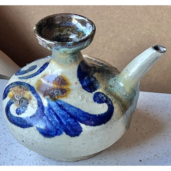 Saki Ceramic Pitcher Blue & Brown Swirl Design Hand Thrown Oil Vinegar Gift VTG - Picture 2 of 9